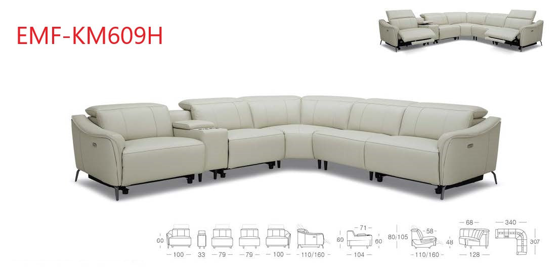 EMF KM609H - Genuine Top Grain Leather Sectional 5pcs. w/3 power recliners