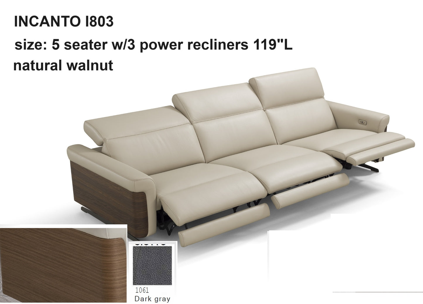 INCANTO - I803 EXTRA LARGE Sofa 119"L with Walnut Arm Accents with/3 power Recliners